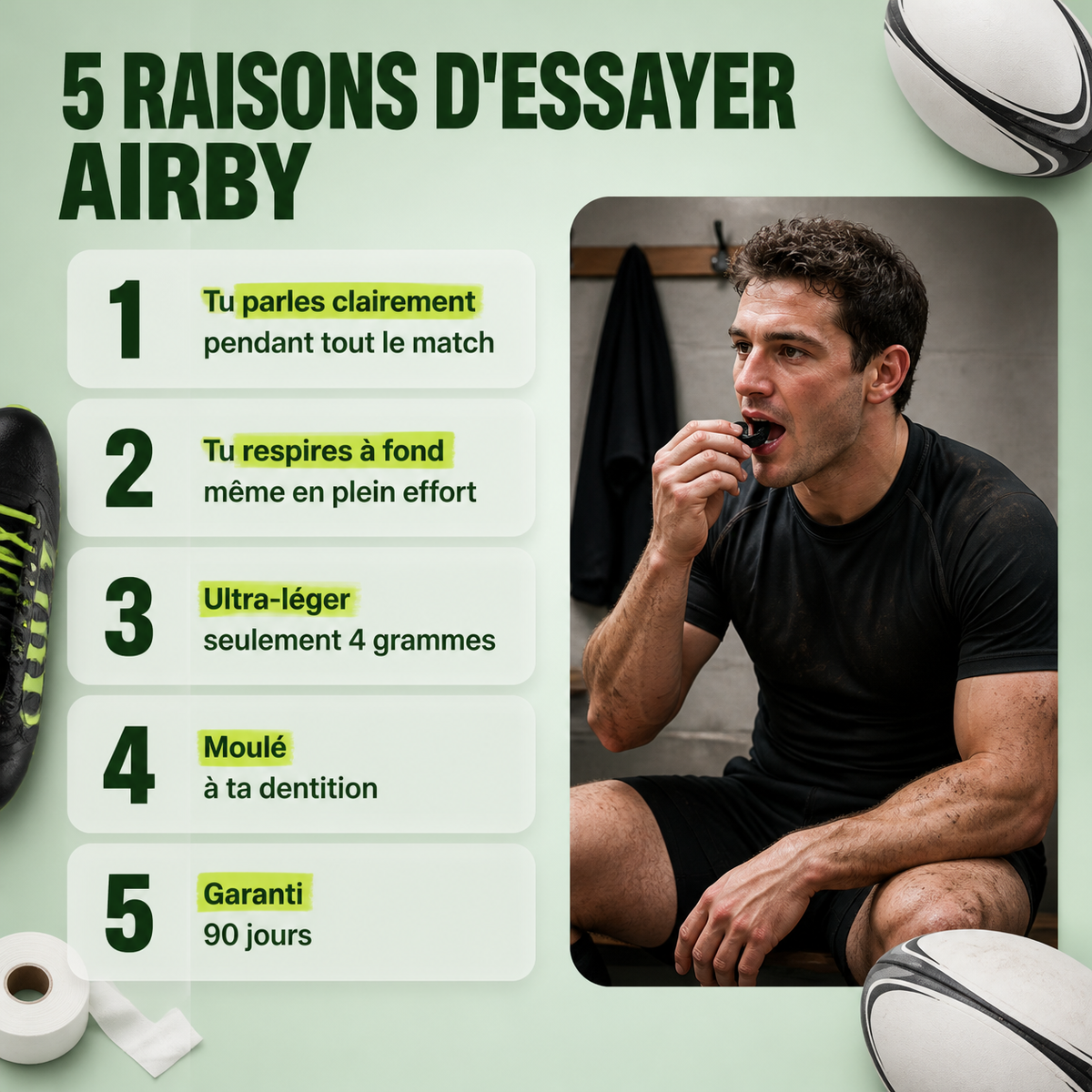 5 raisons d'essayer AIRBY : parler, respirer, 4 grammes, moulé à ta dentition, garanti 90 jours