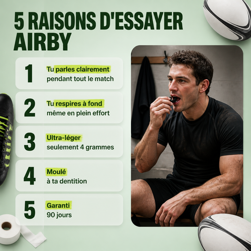5 raisons d'essayer AIRBY : parler, respirer, 4 grammes, moulé à ta dentition, garanti 90 jours