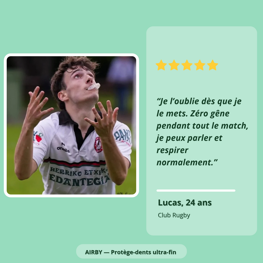 Avis de Lucas, 24 ans, joueur de rugby, sur le protège-dents AIRBY
