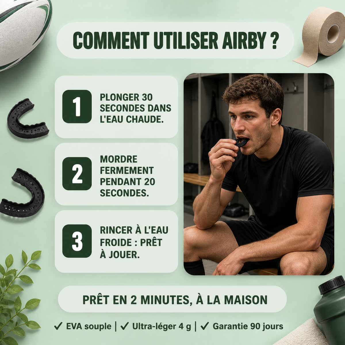 Mouler AIRBY en 3 étapes : eau chaude 30 secondes, mordre 20 secondes, rincer à l'eau froide